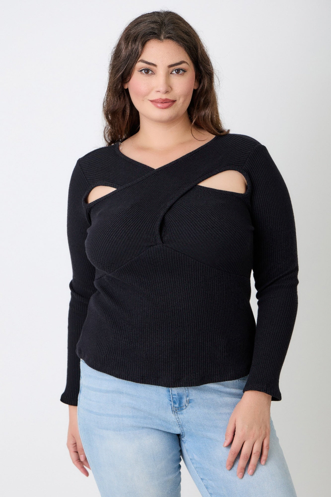 Plus Size Black Ribbed Cutout Long Sleeve Top