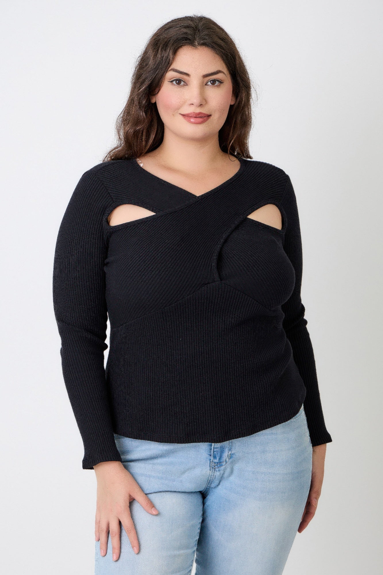 Plus Size Black Ribbed Cutout Long Sleeve Top