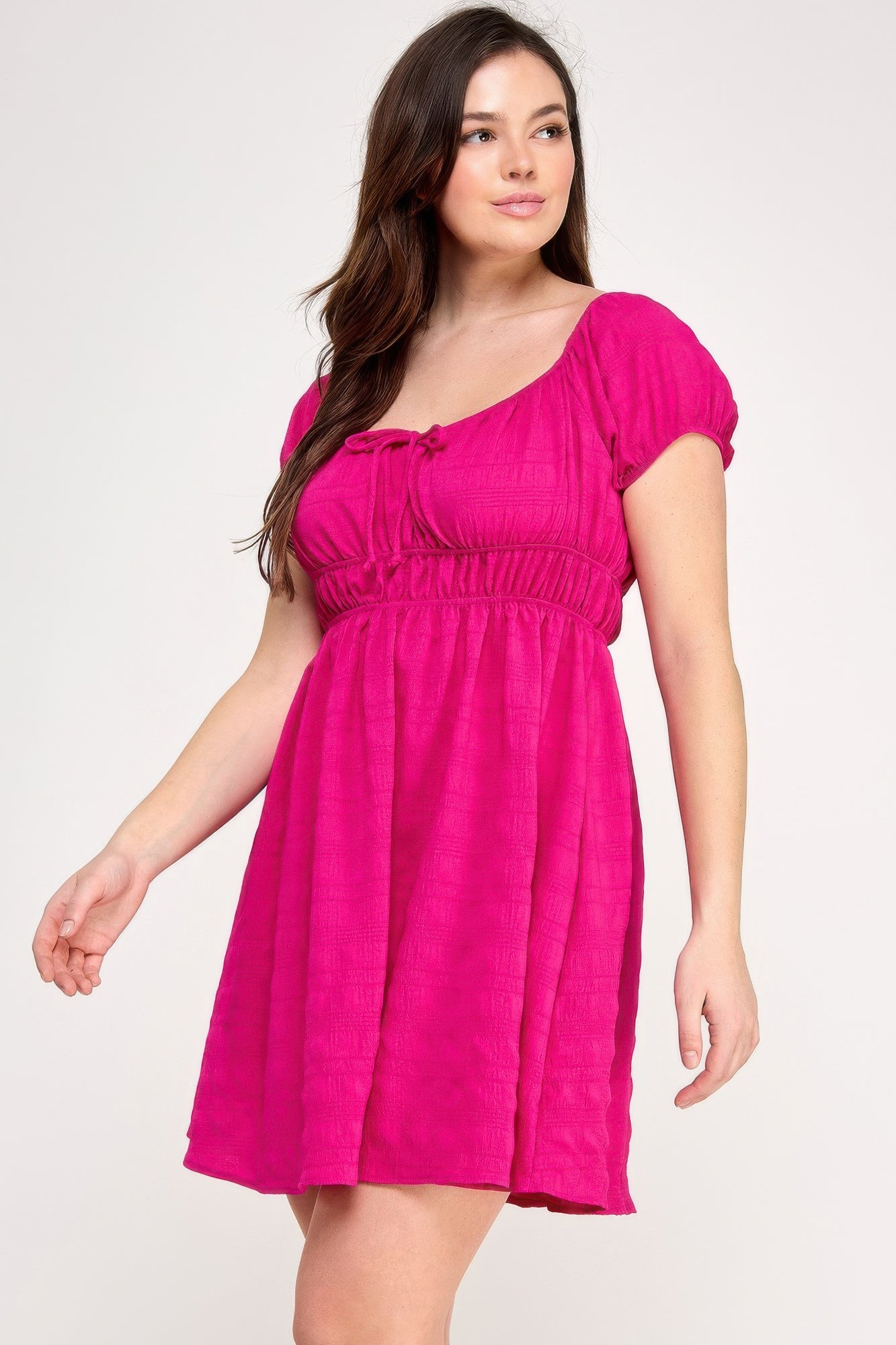 Plus Size Babydoll Bubble Check Dress — Fuchsia