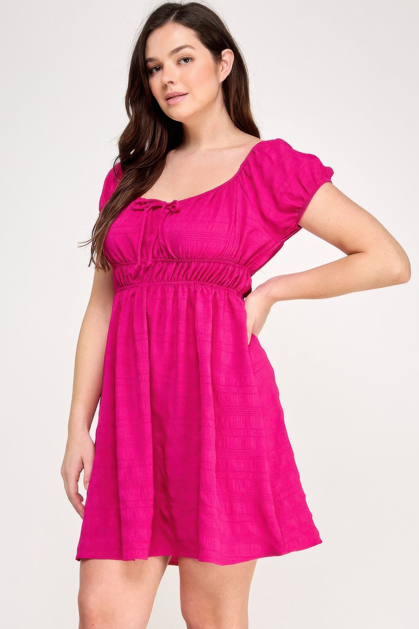 Plus Size Babydoll Bubble Check Dress — Fuchsia