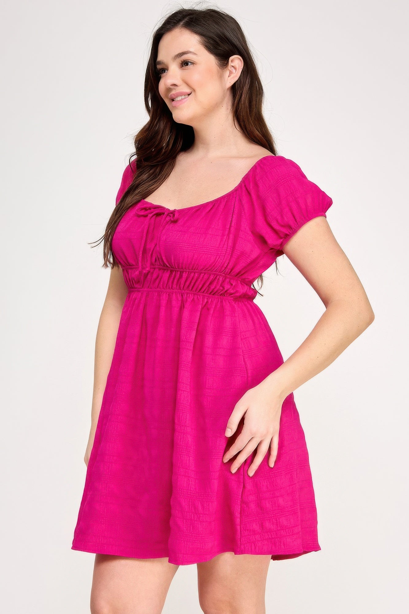Plus Size Babydoll Bubble Check Dress — Fuchsia