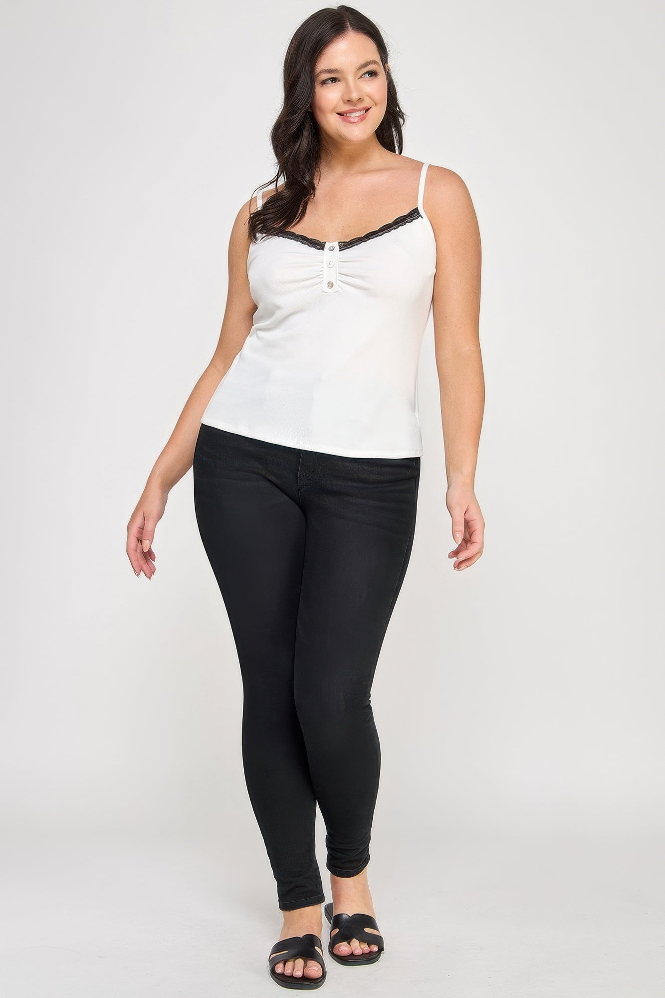 Plus Size Ribbed Knit Camisole With Lace Trim — Ivory