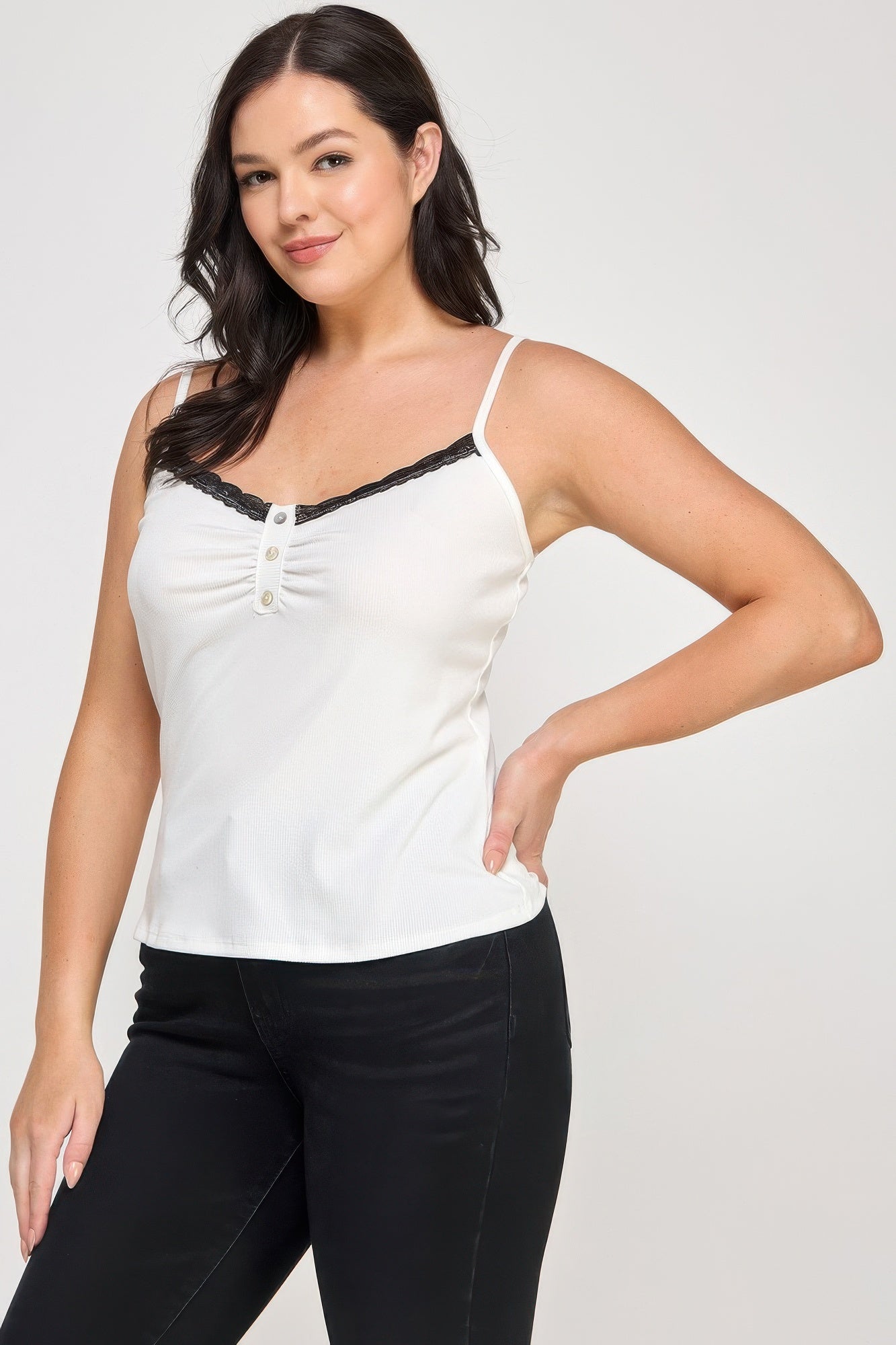 Plus Size Ribbed Knit Camisole With Lace Trim — Ivory
