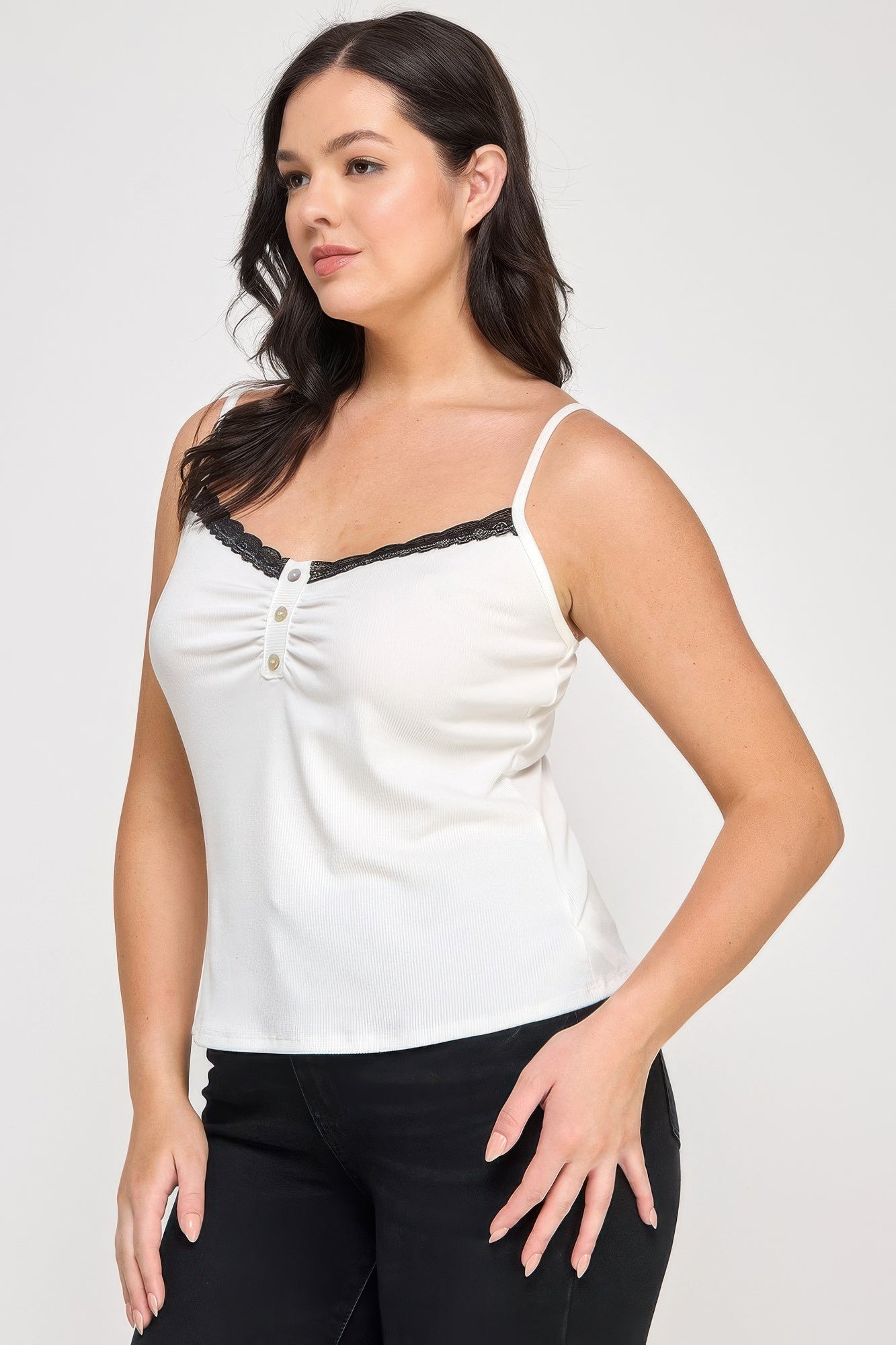 Plus Size Ribbed Knit Camisole With Lace Trim — Ivory