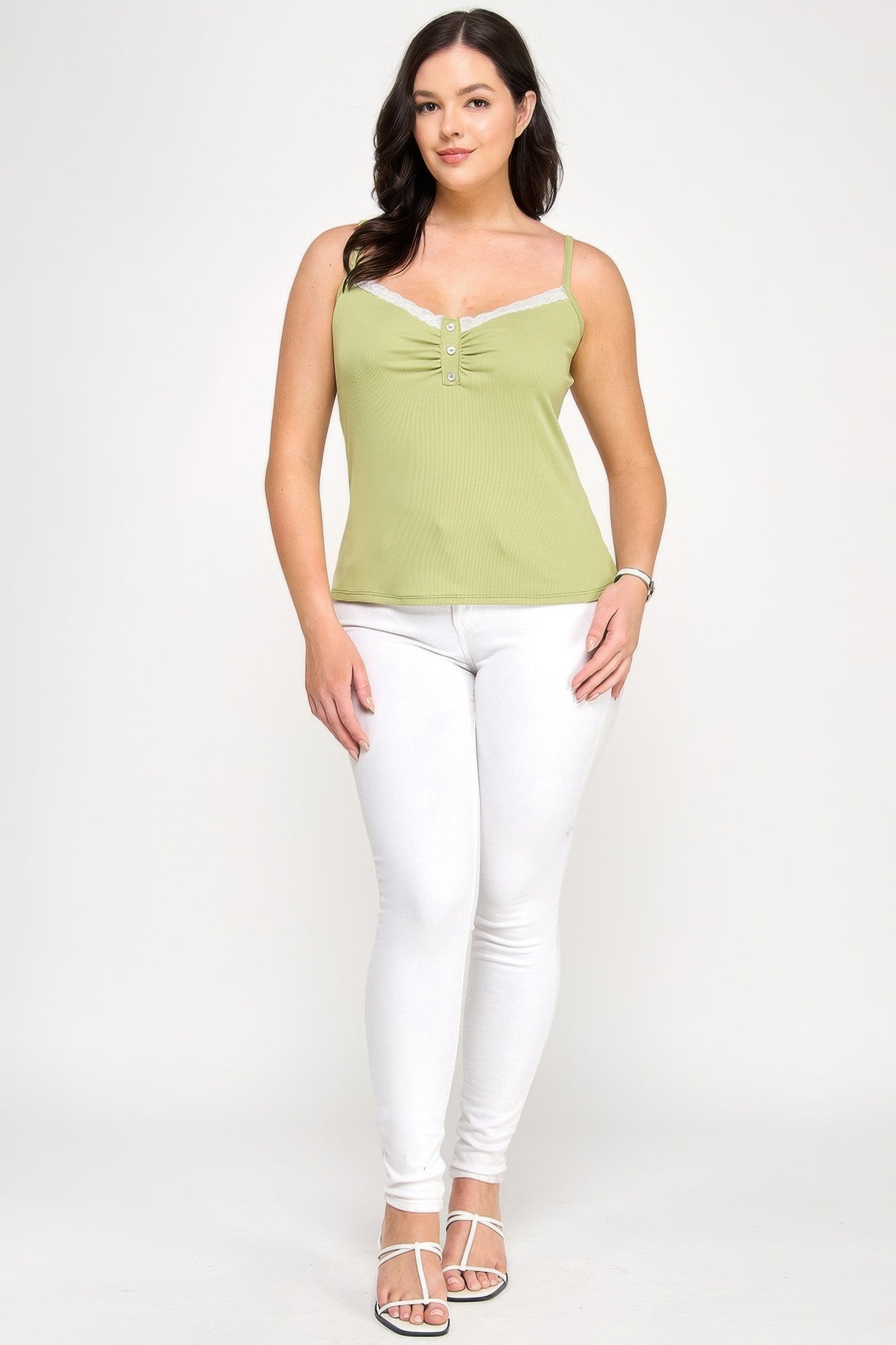 Plus Size Ribbed Knit Camisole With Lace Trim — Sage