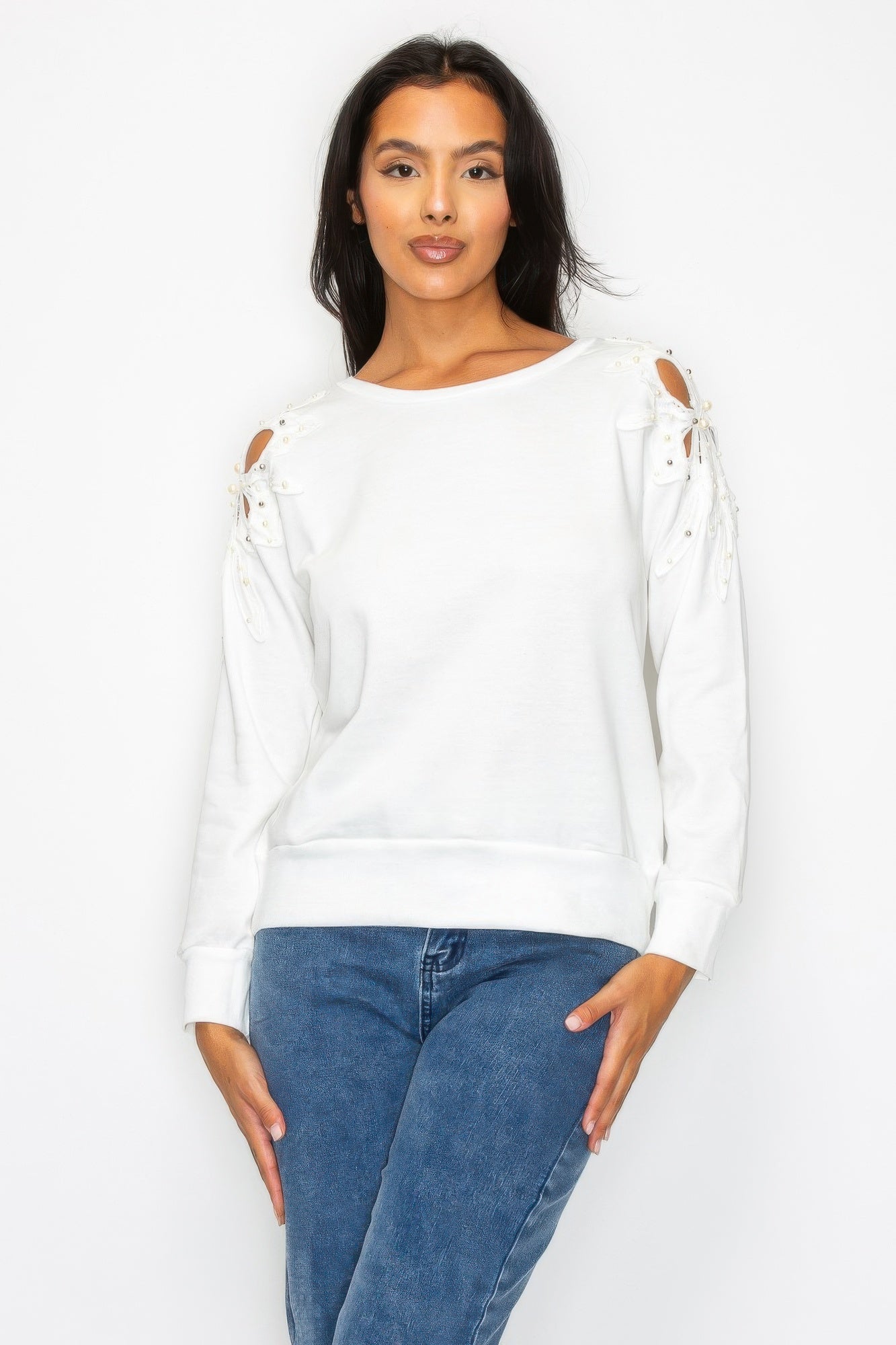 Solid Pear Bead Flower Patch Cut Out Sweatshirt