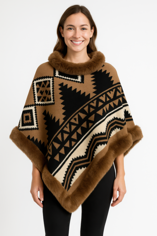 Tribal Luxe Faux Fur Trim Poncho — Camel