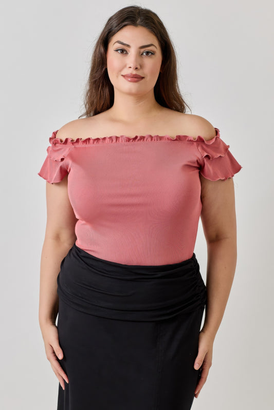 Plus Size Knit Rib Double Ruffle Top — Ginger