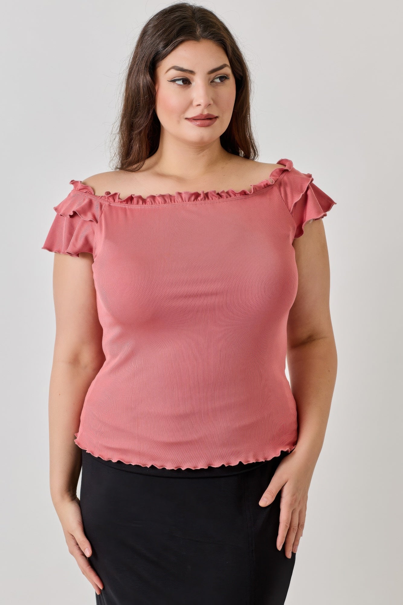 Plus Size Knit Rib Double Ruffle Top — Ginger