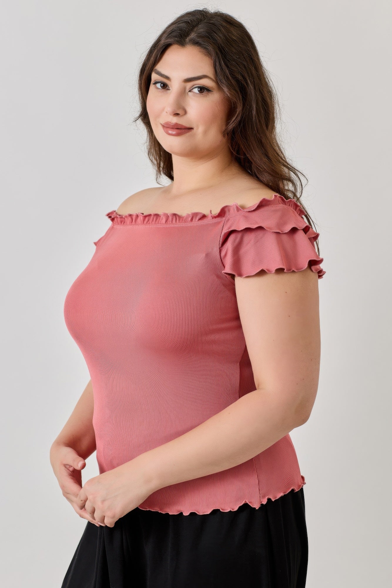 Plus Size Knit Rib Double Ruffle Top — Ginger