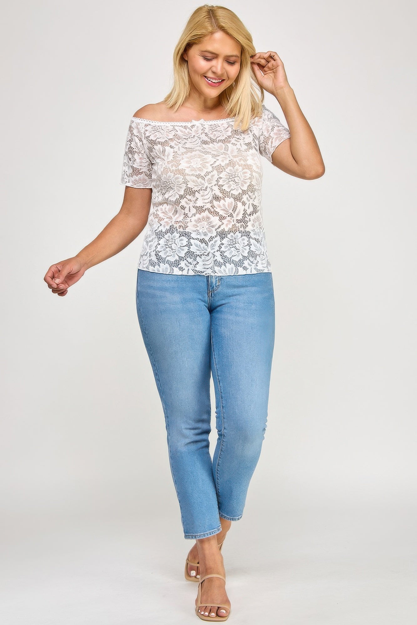 Plus Sized Off The Shoulder Lace Scallop Edge Top — Ivory