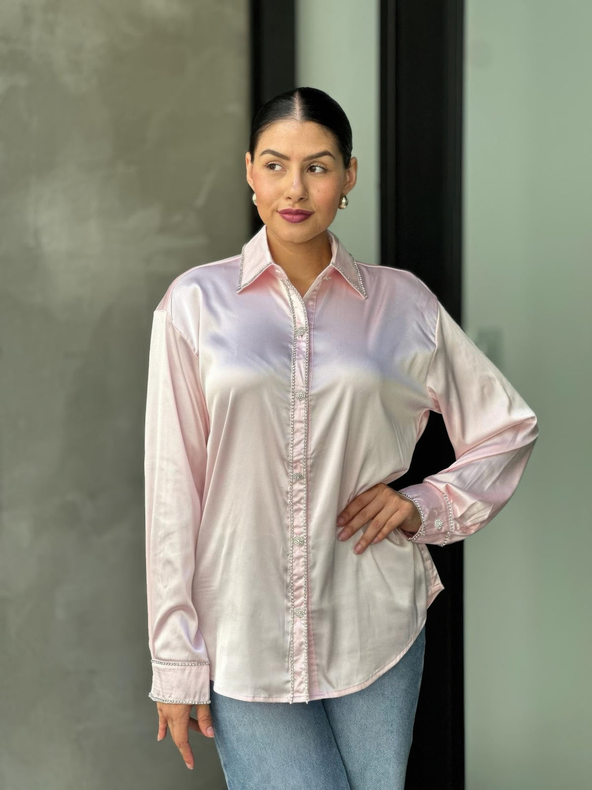 Rhinestone Diamond Lined Button Down Satin Blouse — Pink