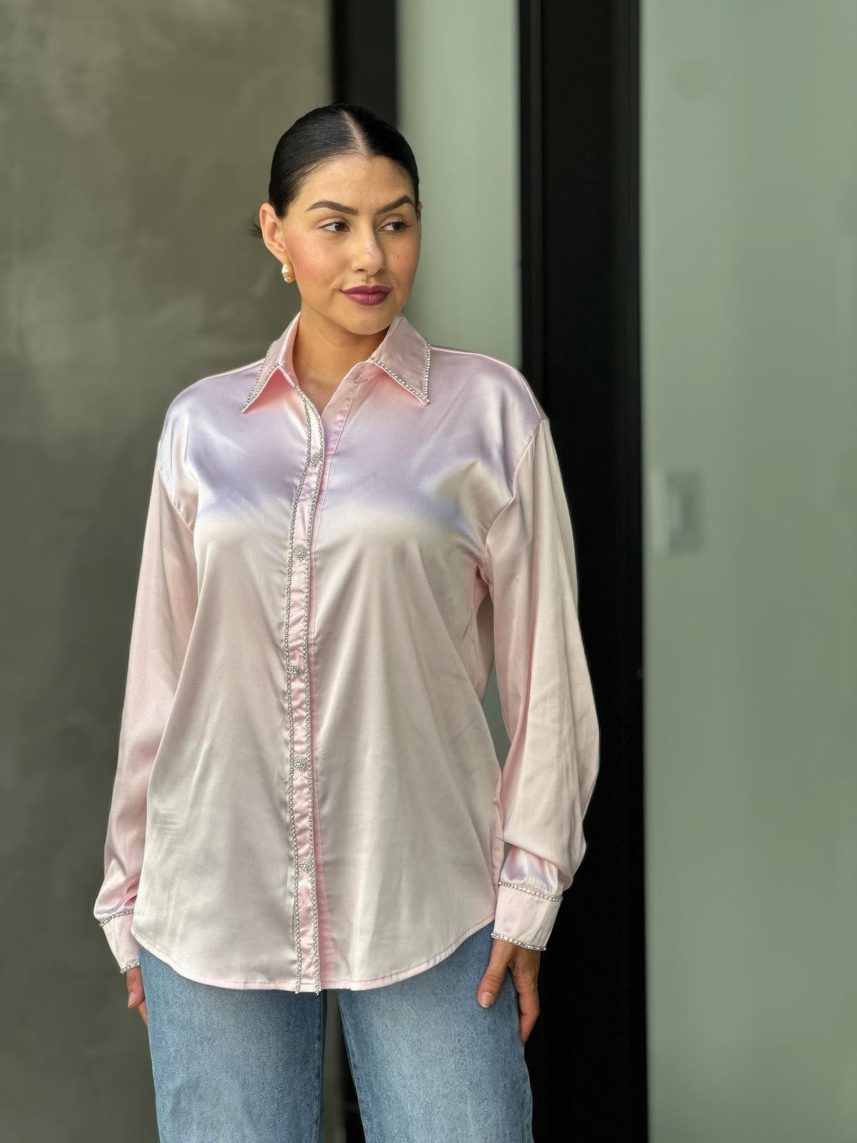Rhinestone Diamond Lined Button Down Satin Blouse — Pink