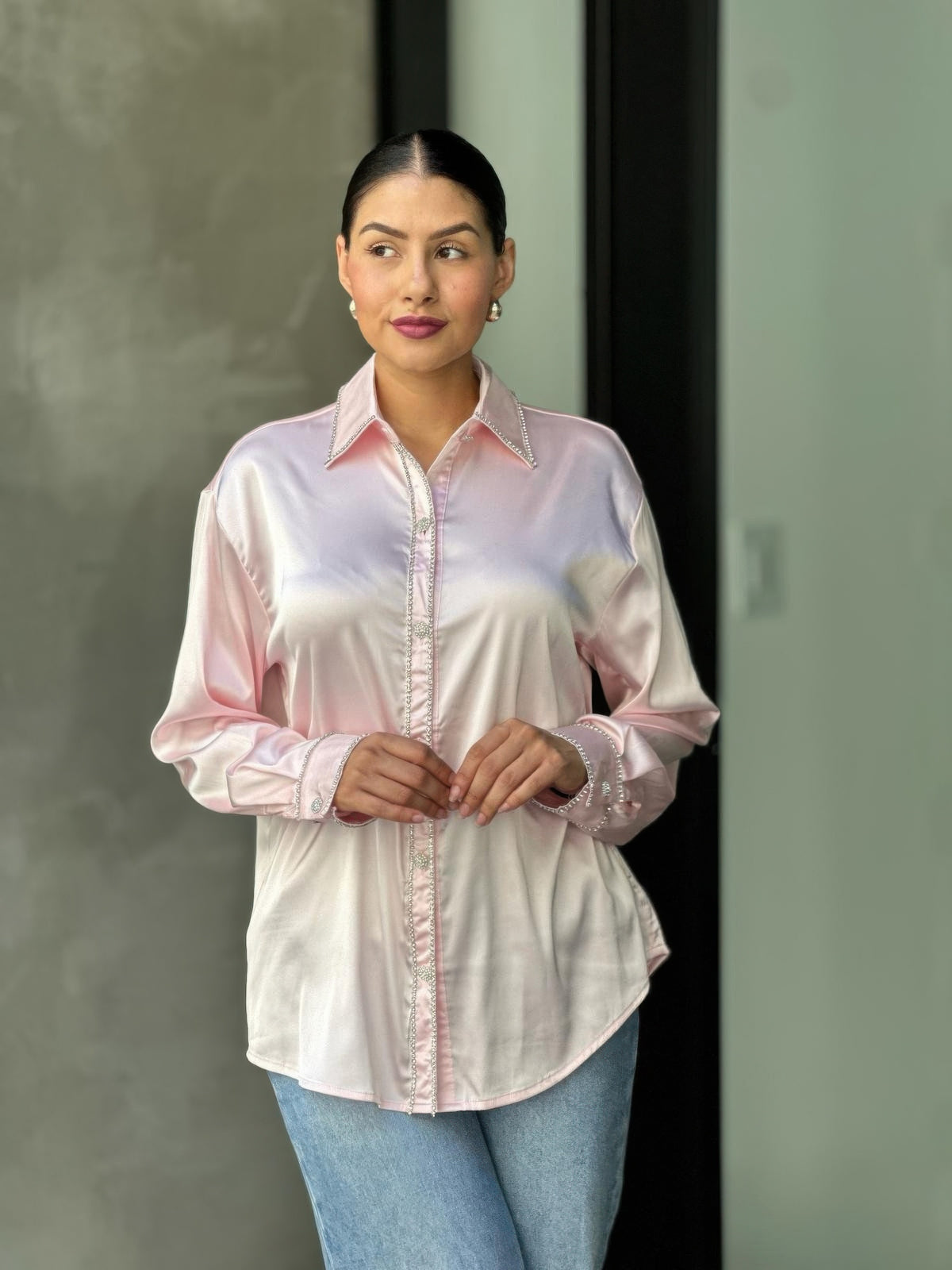 Rhinestone Diamond Lined Button Down Satin Blouse — Pink