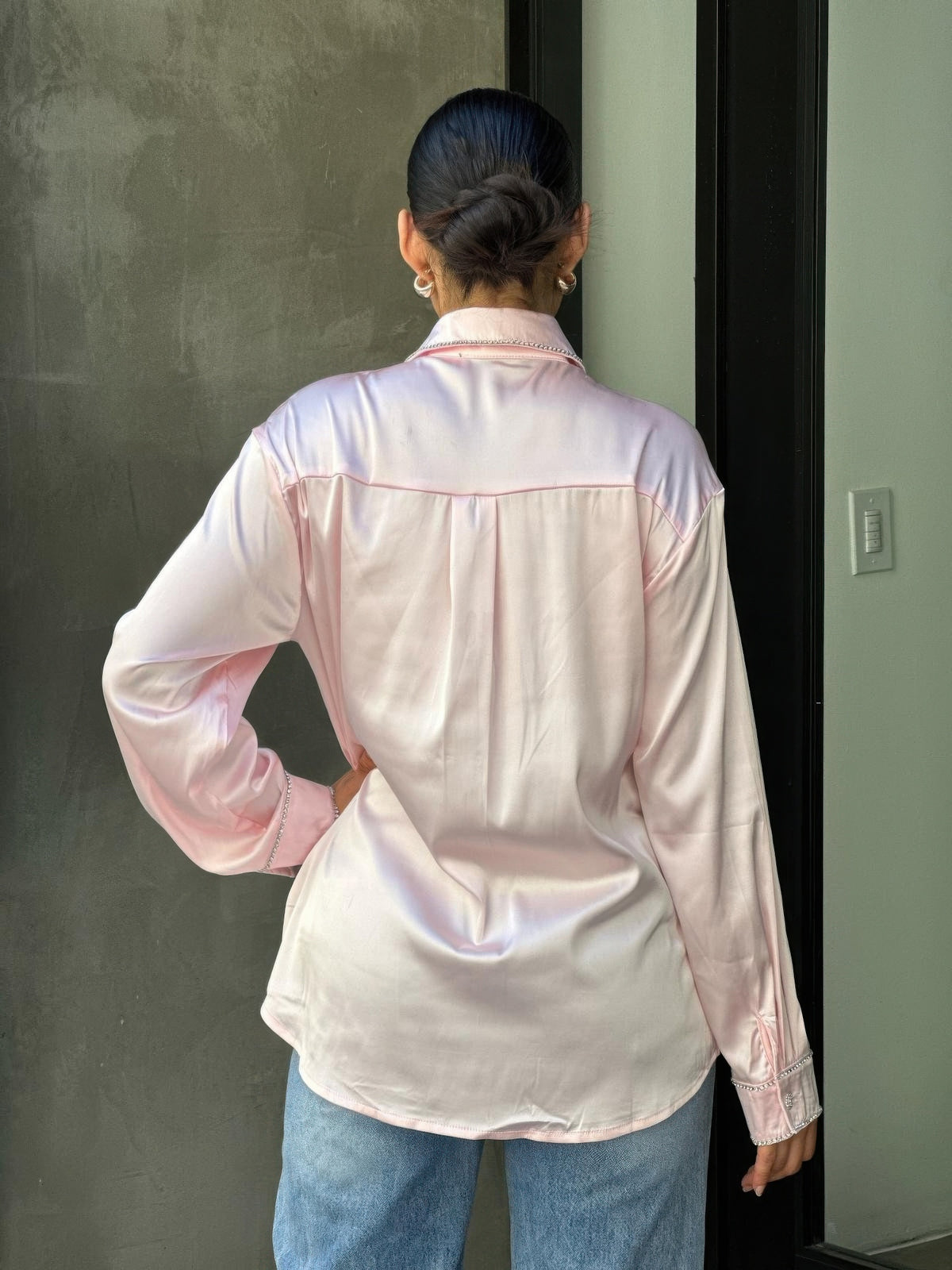 Rhinestone Diamond Lined Button Down Satin Blouse — Pink