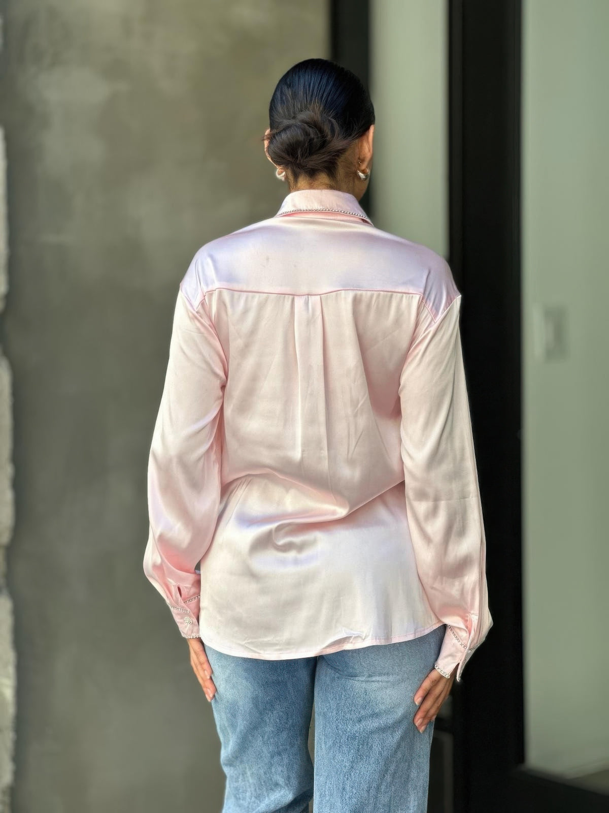 Rhinestone Diamond Lined Button Down Satin Blouse — Pink