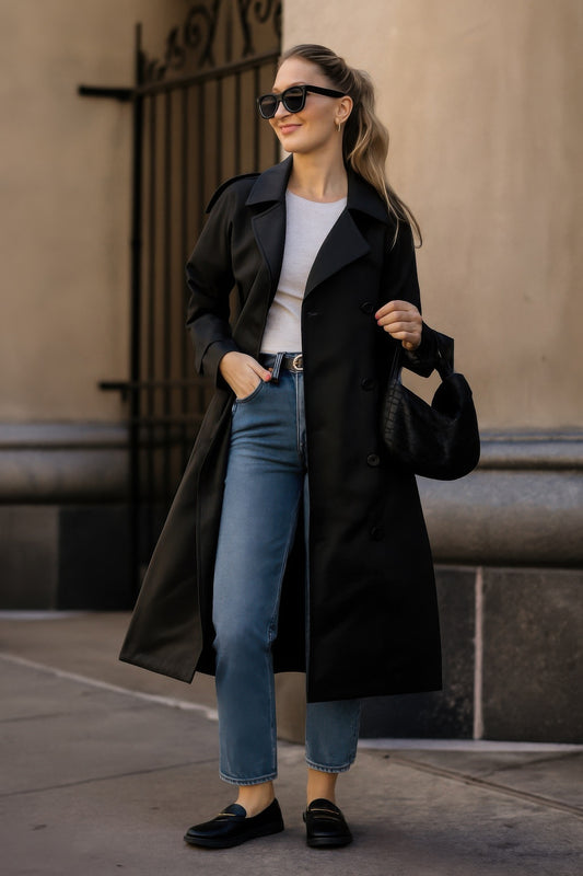Solid Long Sleeve Trench Coat Woman Lined — Style 1
