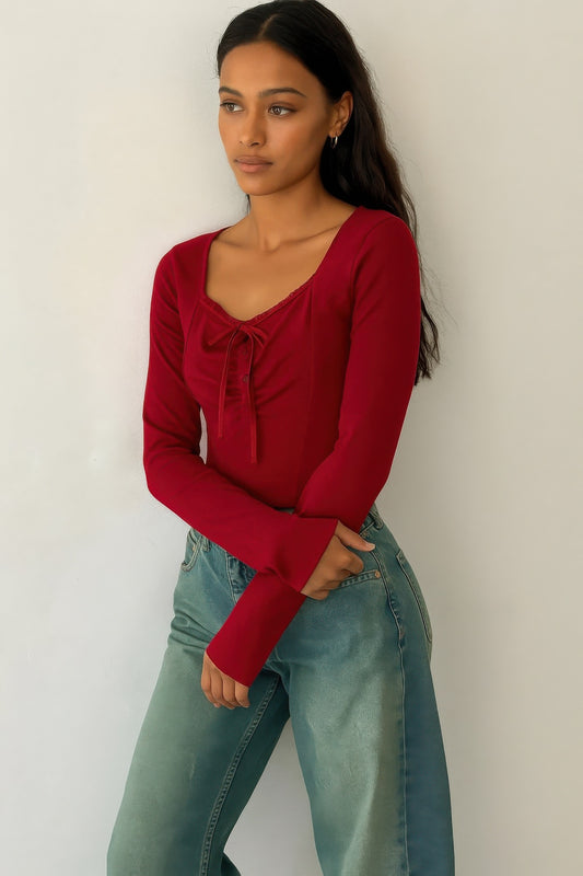Long Sleeve Scrunch Bow Top — Style 1