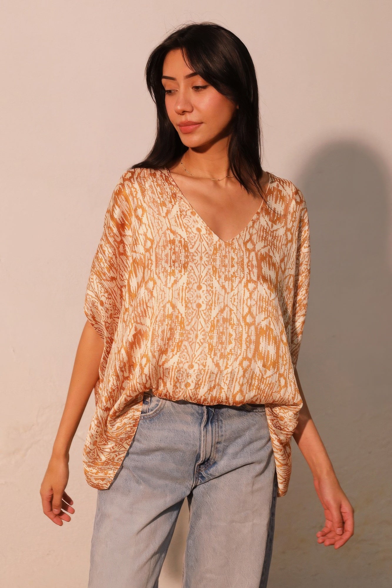Bohemian Lurex Chiffon Caftan Top With Back Band