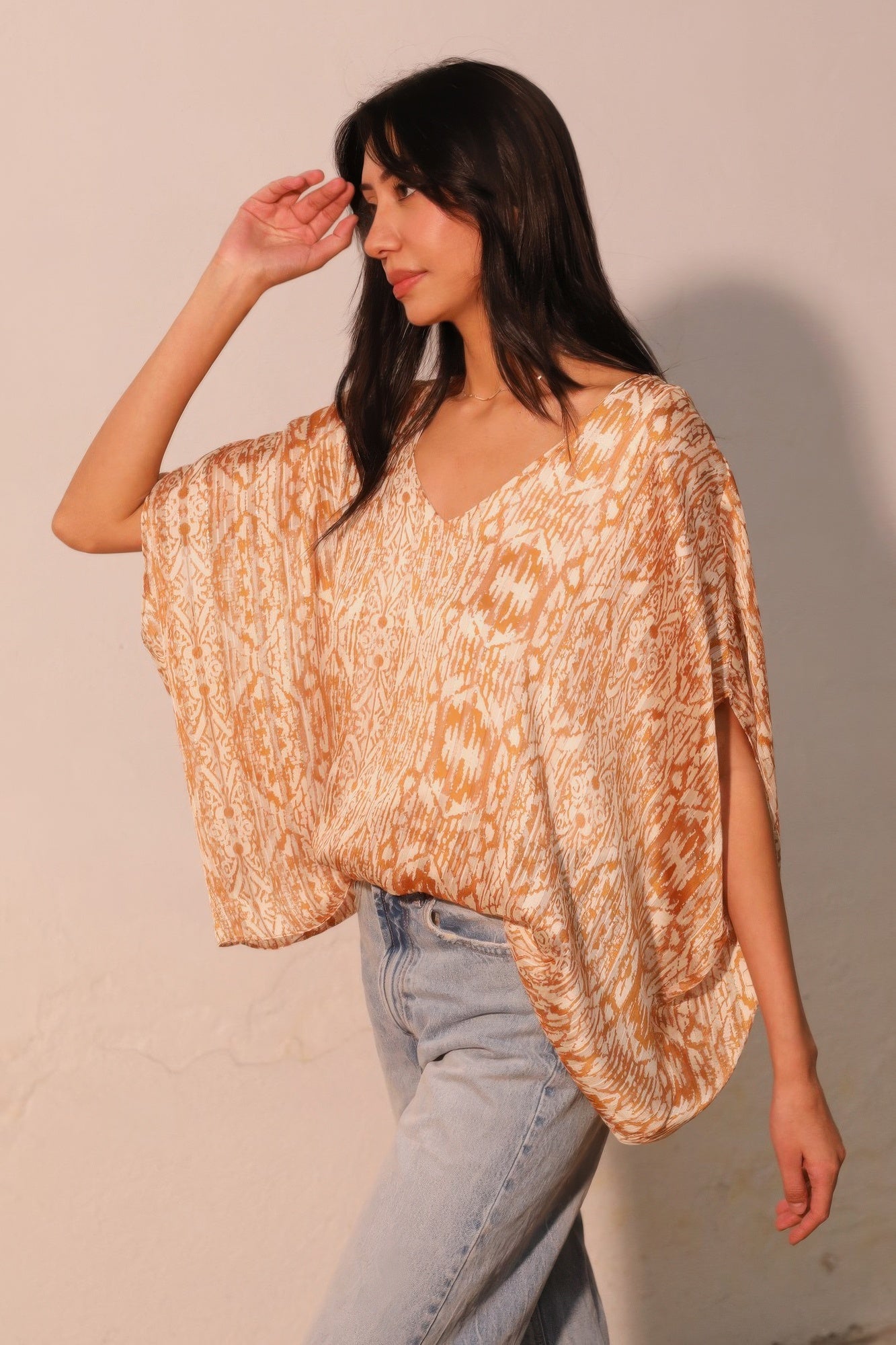 Bohemian Lurex Chiffon Caftan Top With Back Band