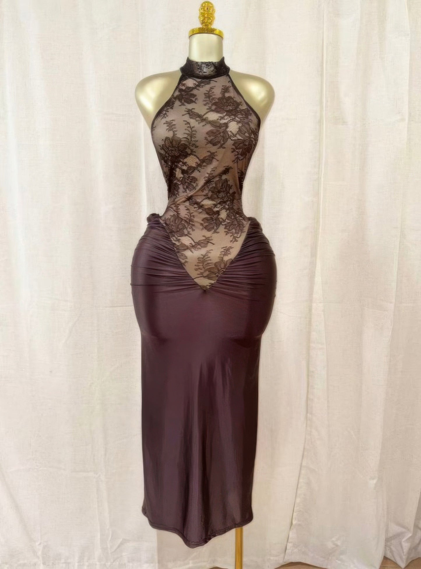 Crimson Lace Hourglass Dress — Brown