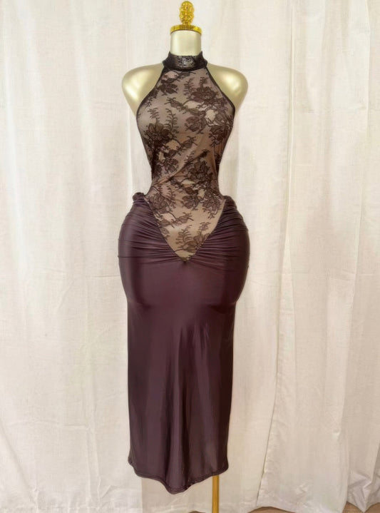 Crimson Lace Hourglass Dress — Brown