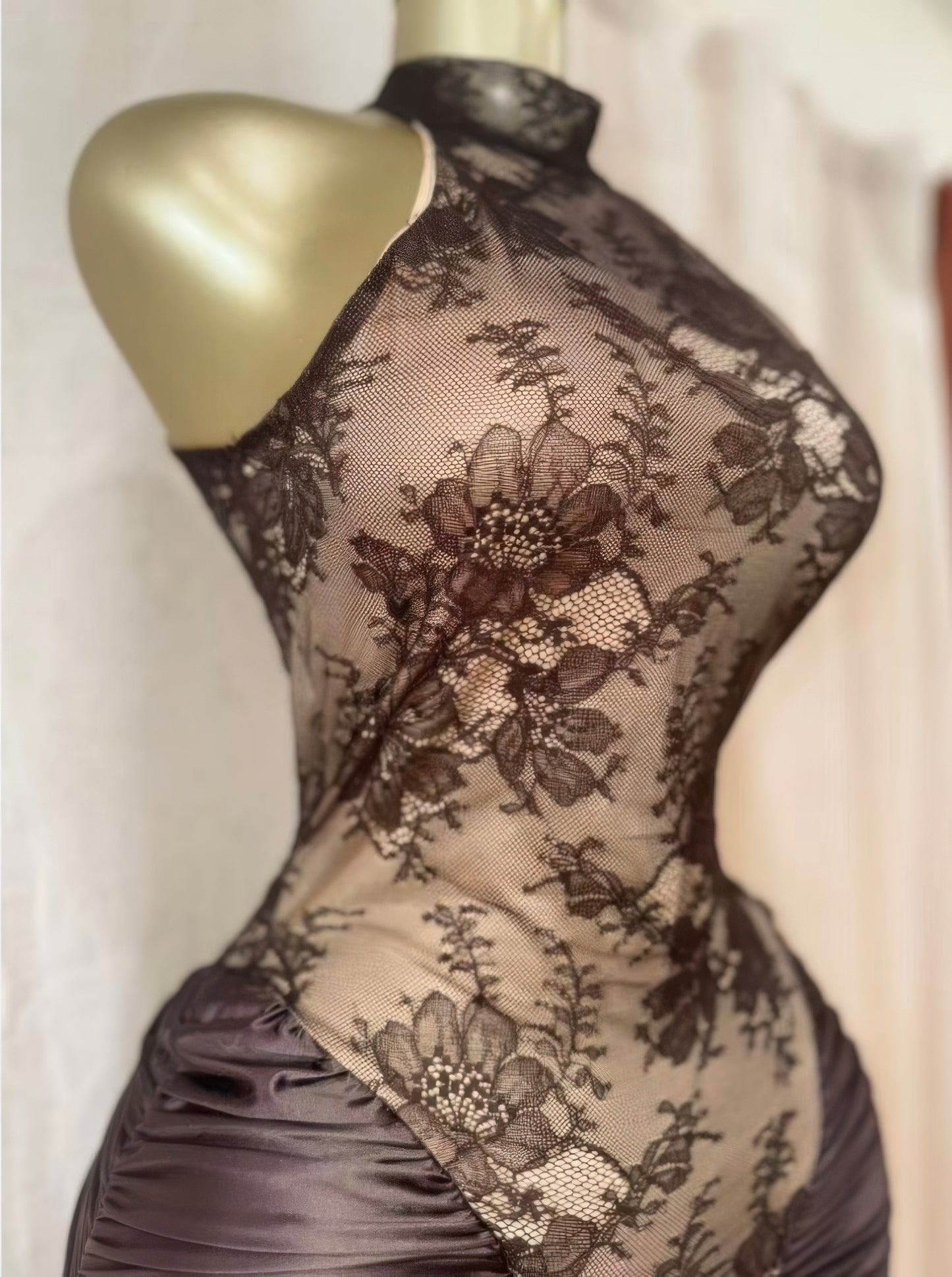 Crimson Lace Hourglass Dress — Brown