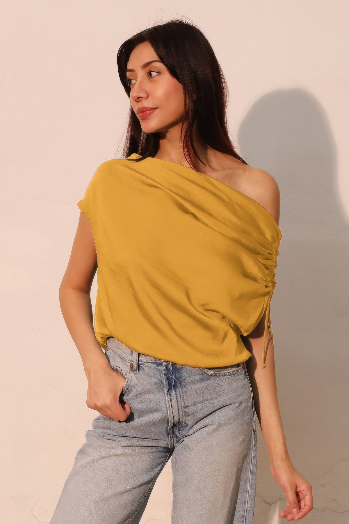 Washed Poly Silk Asymmetrical Drawstring Top