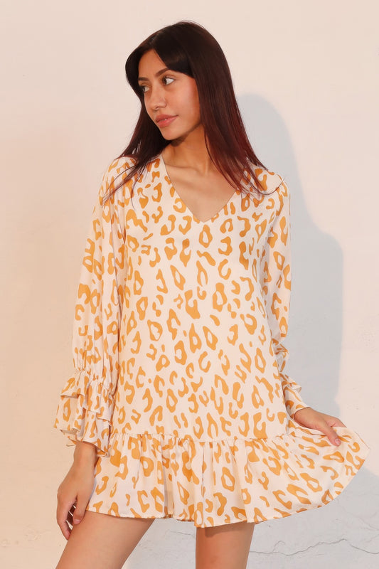 Simple Leopard Dress With Ruffle Cuff