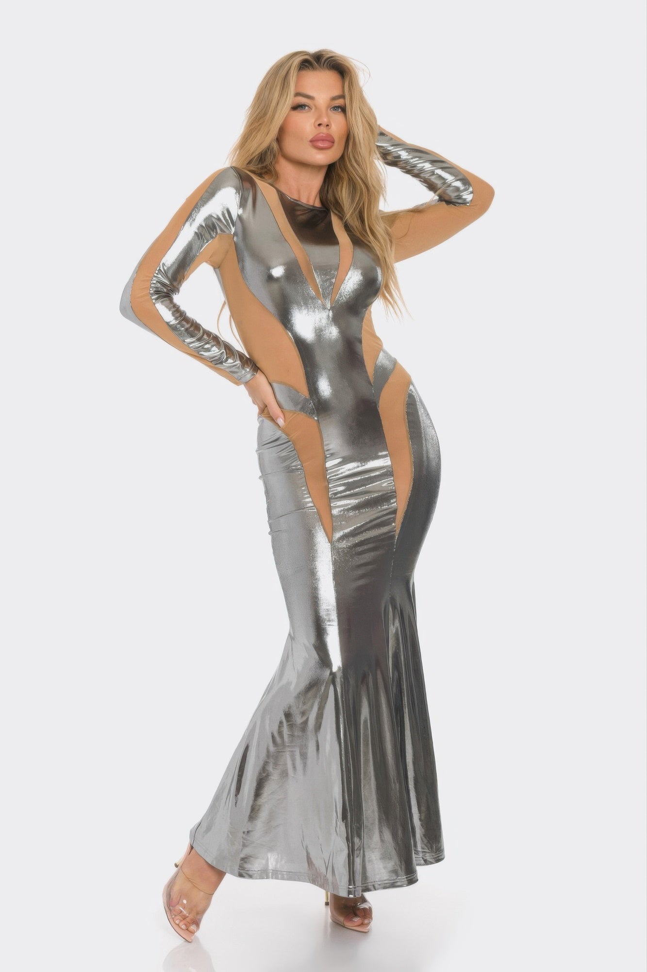 Mesh Cut Out Detail Maxi Dress — Silver