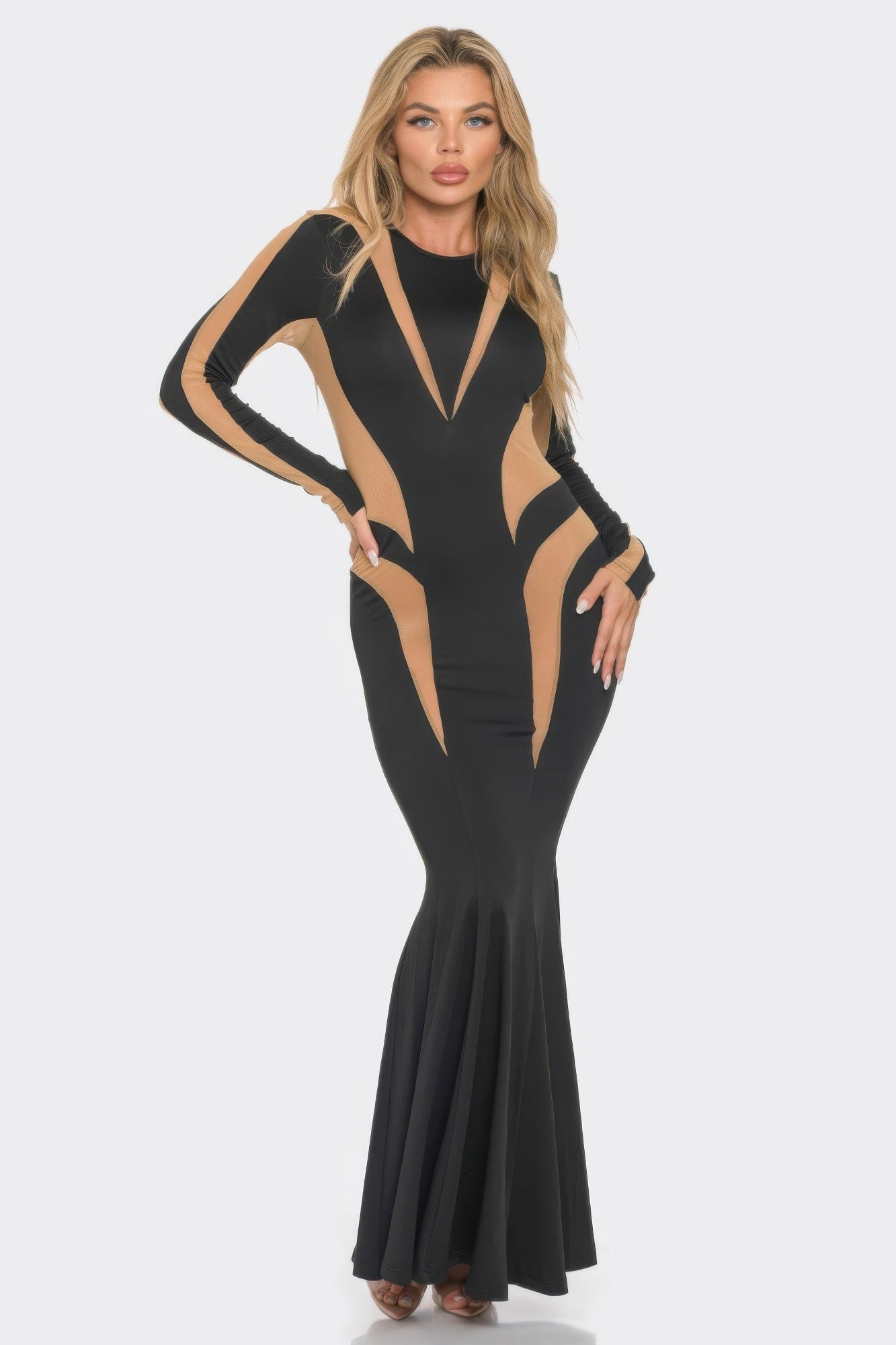 Mesh Cut Out Detail Maxi Dress — Black