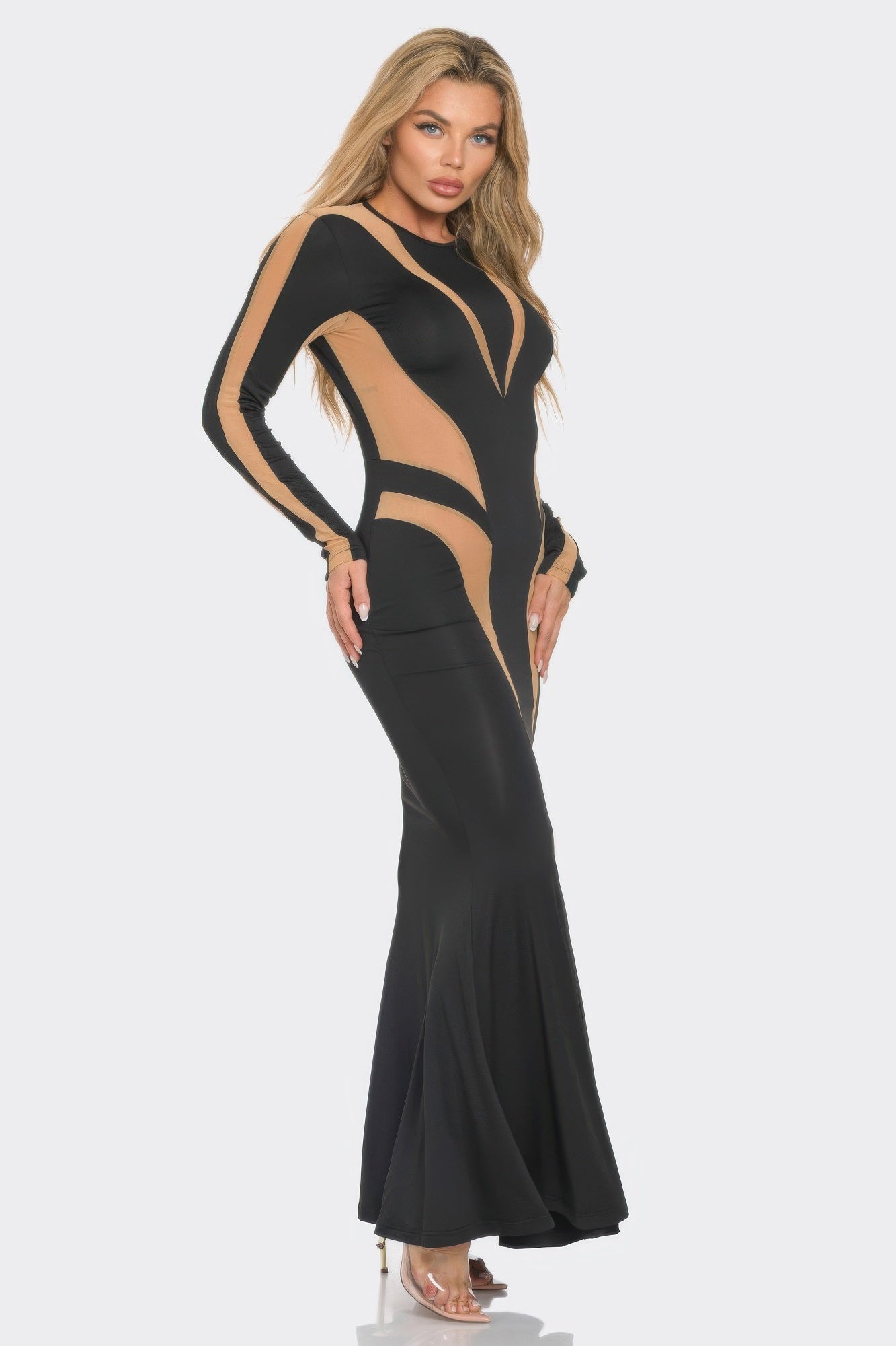 Mesh Cut Out Detail Maxi Dress — Black