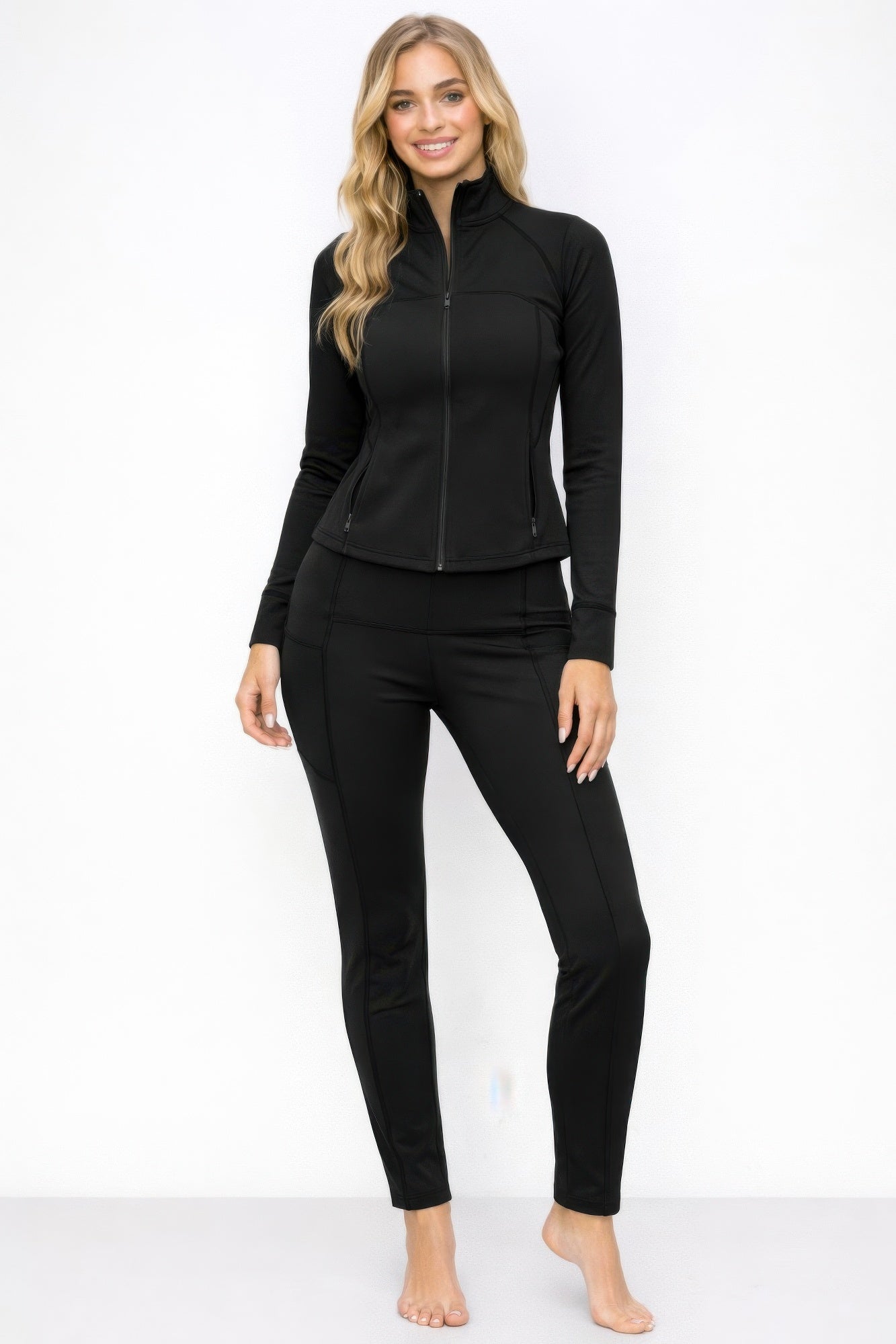 Athletic Workout Lounge Zip Up Jacket And Pant Set — Black