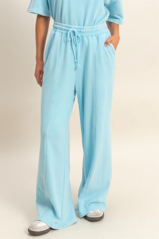 Acid Wash French Terry Wide-leg Pants — Blue