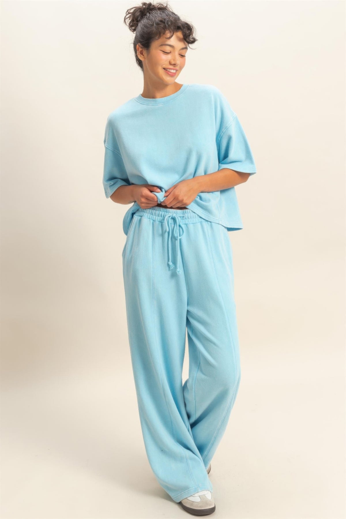 Acid Wash French Terry Wide-leg Pants — Blue