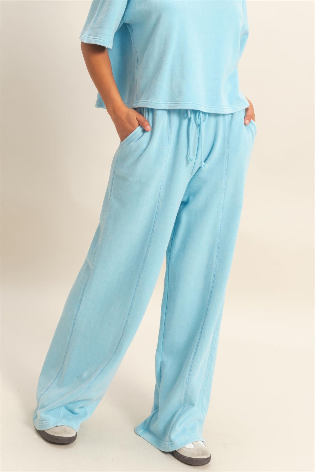 Acid Wash French Terry Wide-leg Pants — Blue
