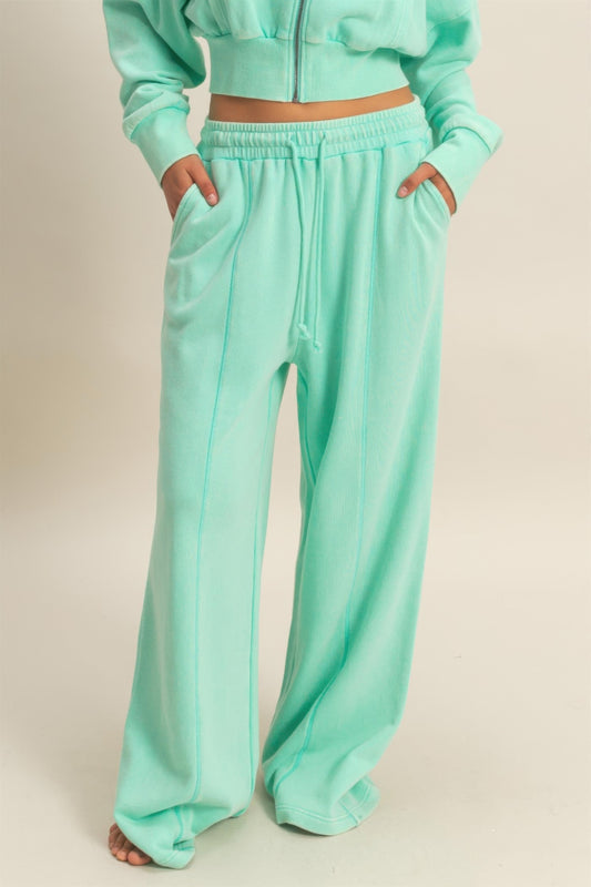 Acid Wash French Terry Wide-leg Pants — Mint