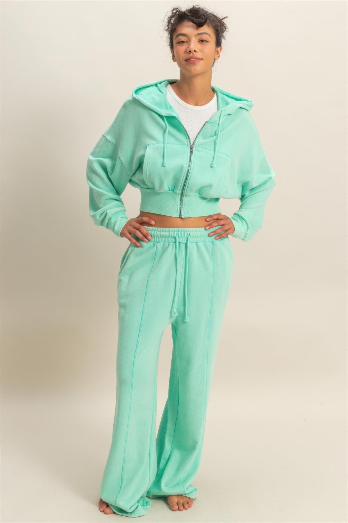 Acid Wash French Terry Wide-leg Pants — Mint