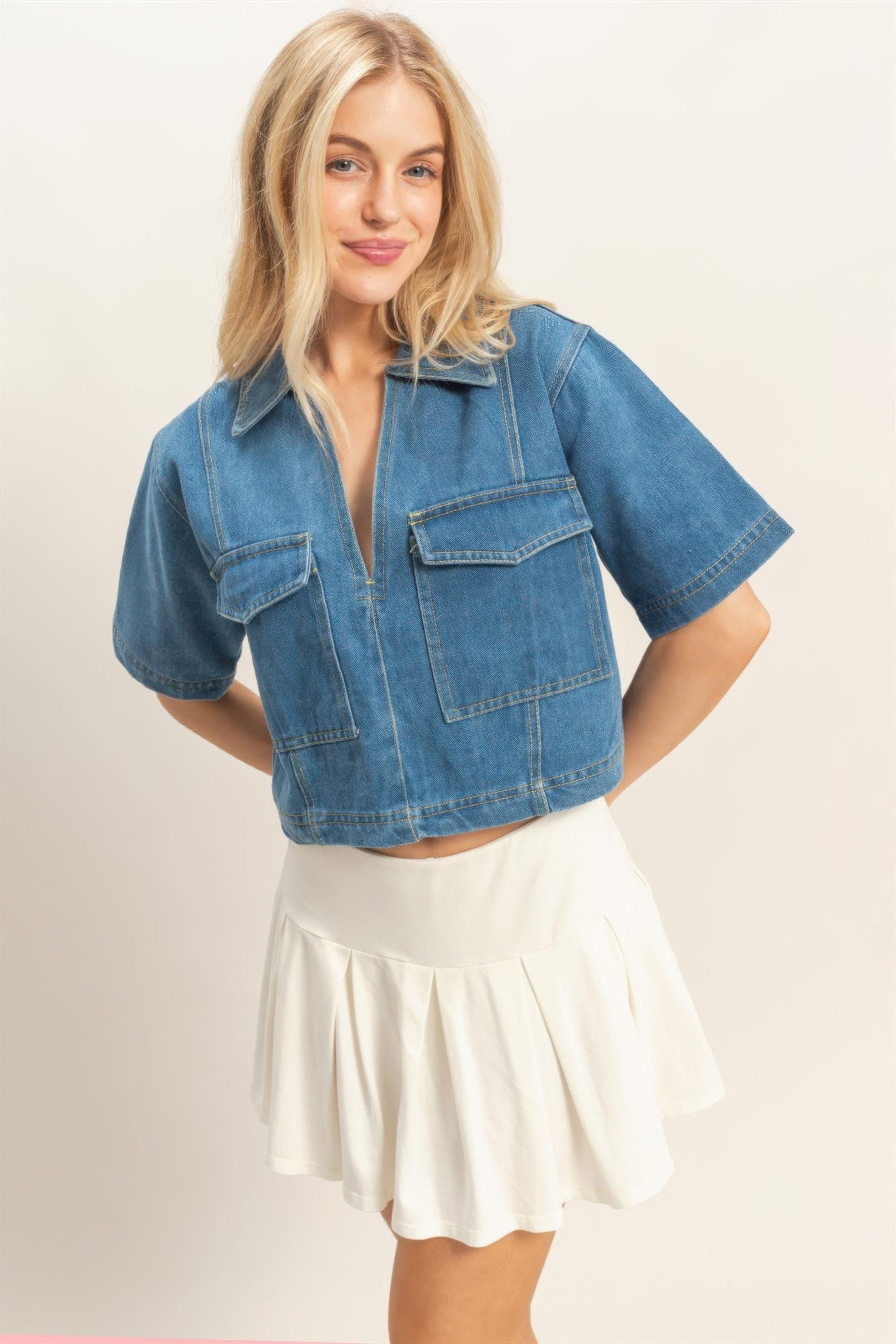Denim V-neck Cropped Top
