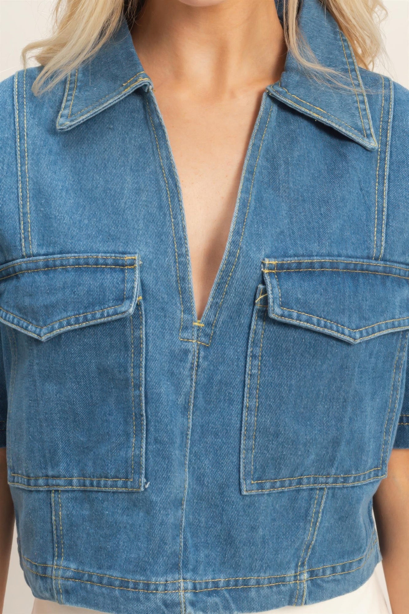 Denim V-neck Cropped Top