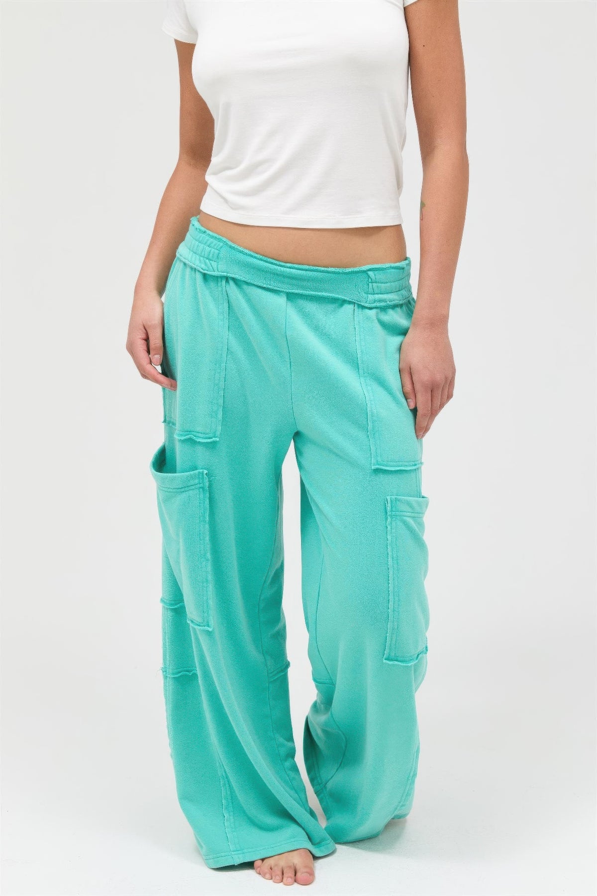 Mineral Wash Wide Leg Cargo Pants — Turquoise