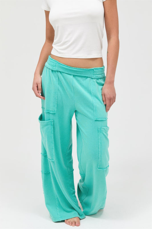 Mineral Wash Wide Leg Cargo Pants — Turquoise