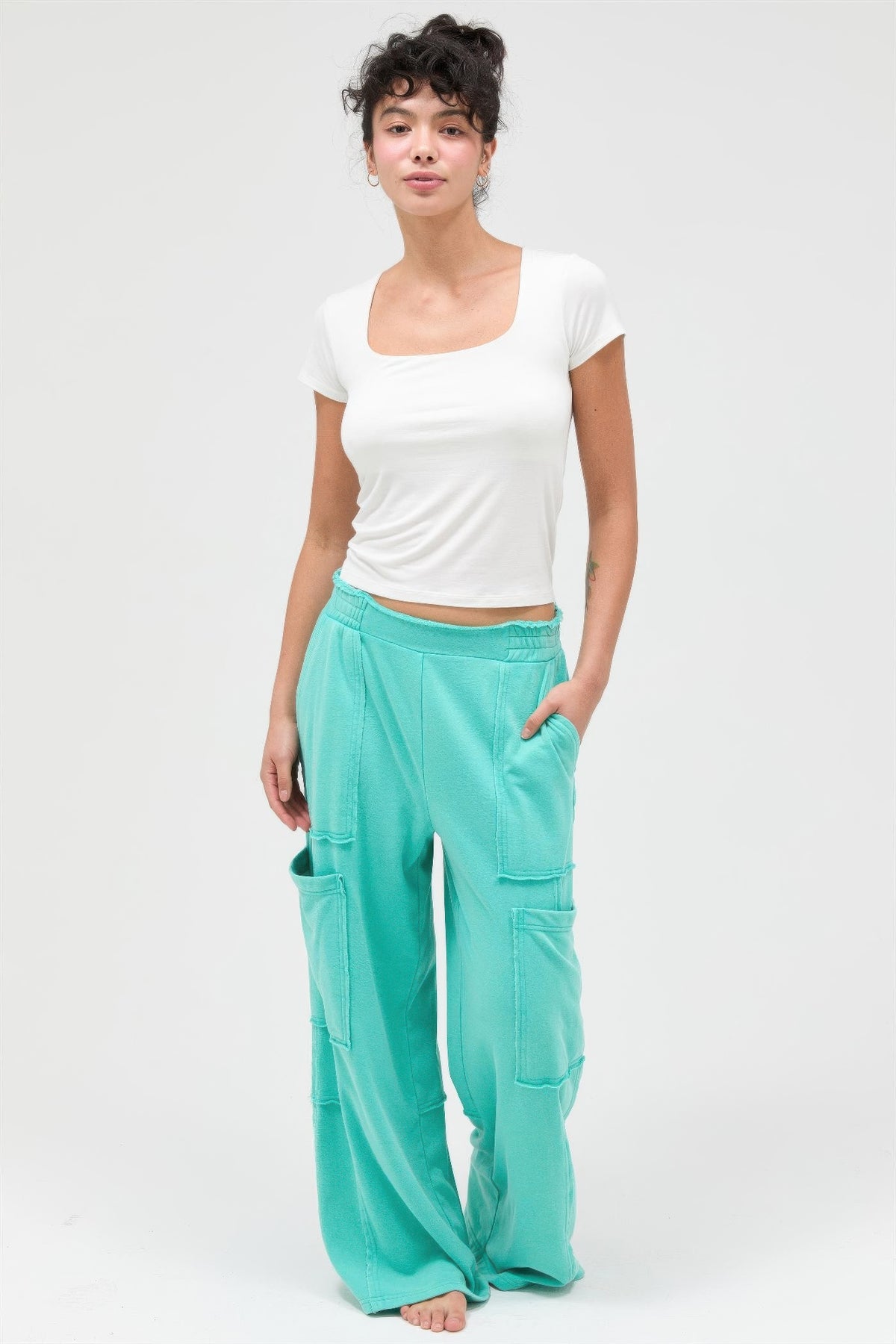 Mineral Wash Wide Leg Cargo Pants — Turquoise