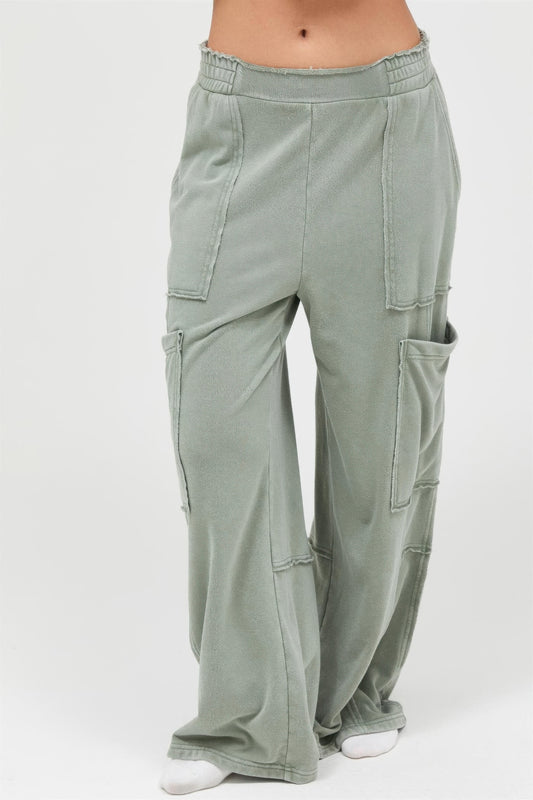 Mineral Wash Wide Leg Cargo Pants — Sage green