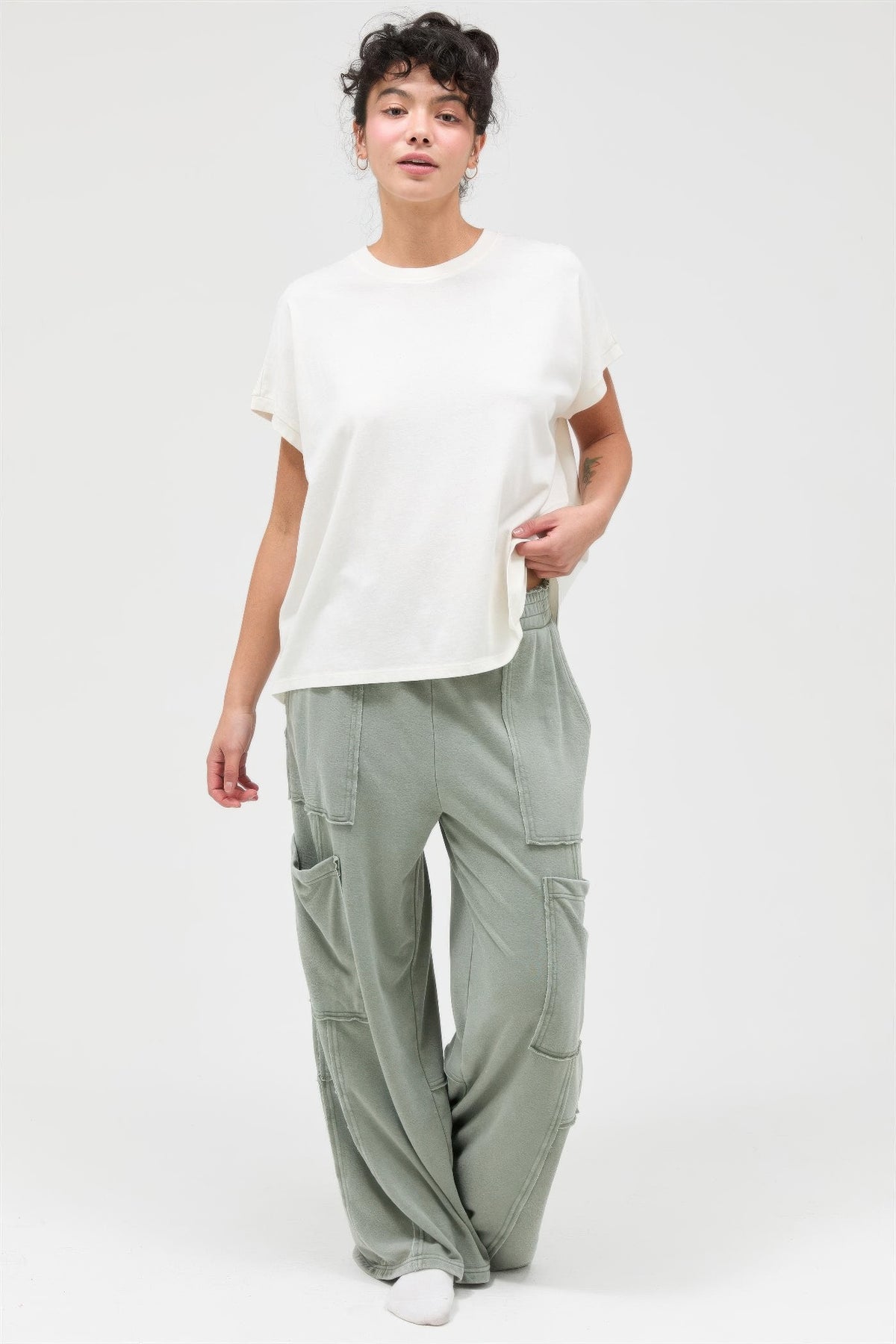 Mineral Wash Wide Leg Cargo Pants — Sage green