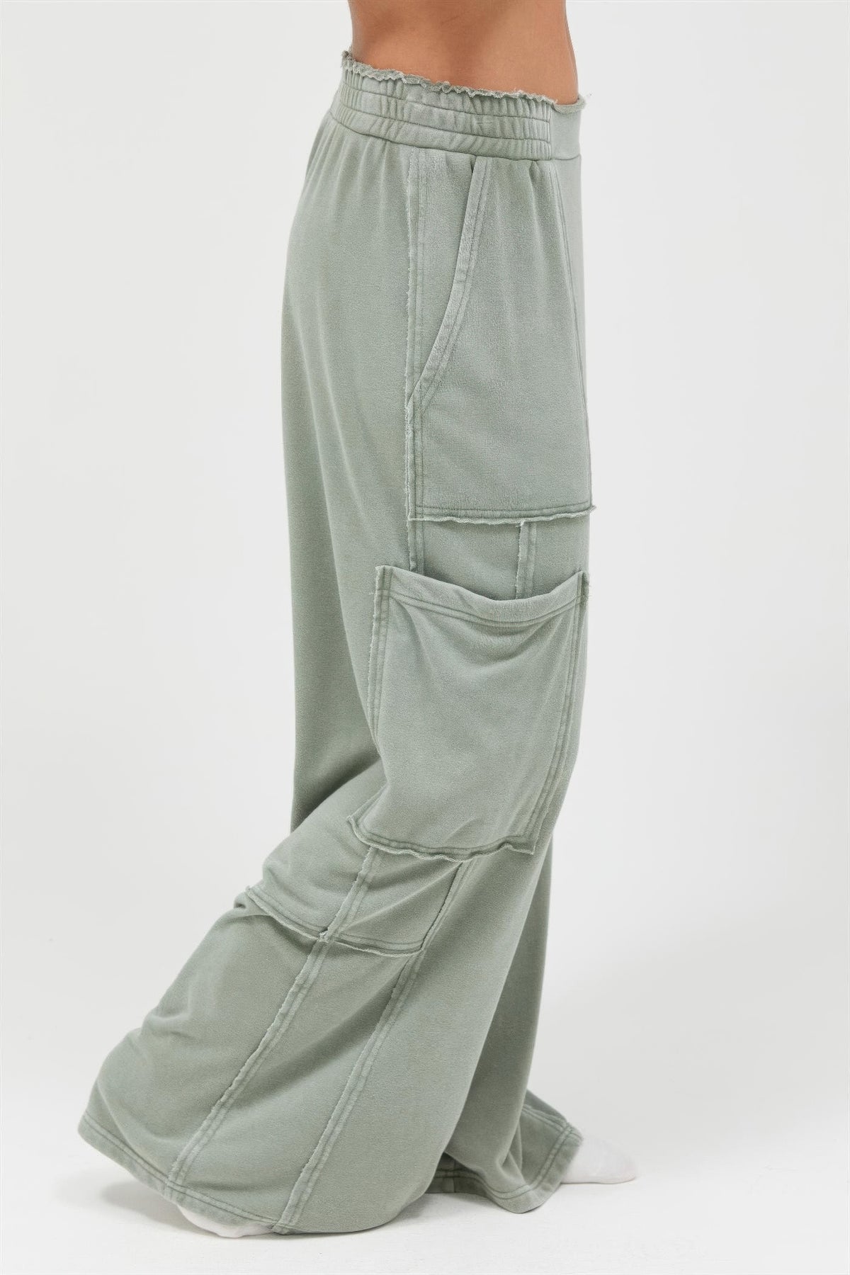 Mineral Wash Wide Leg Cargo Pants — Sage green