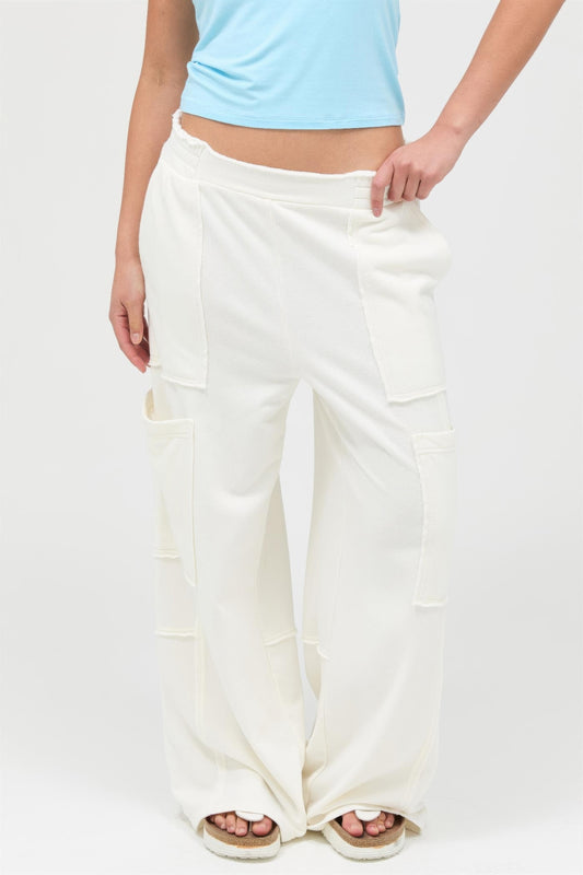 Mineral Wash Wide Leg Cargo Pants — Cream