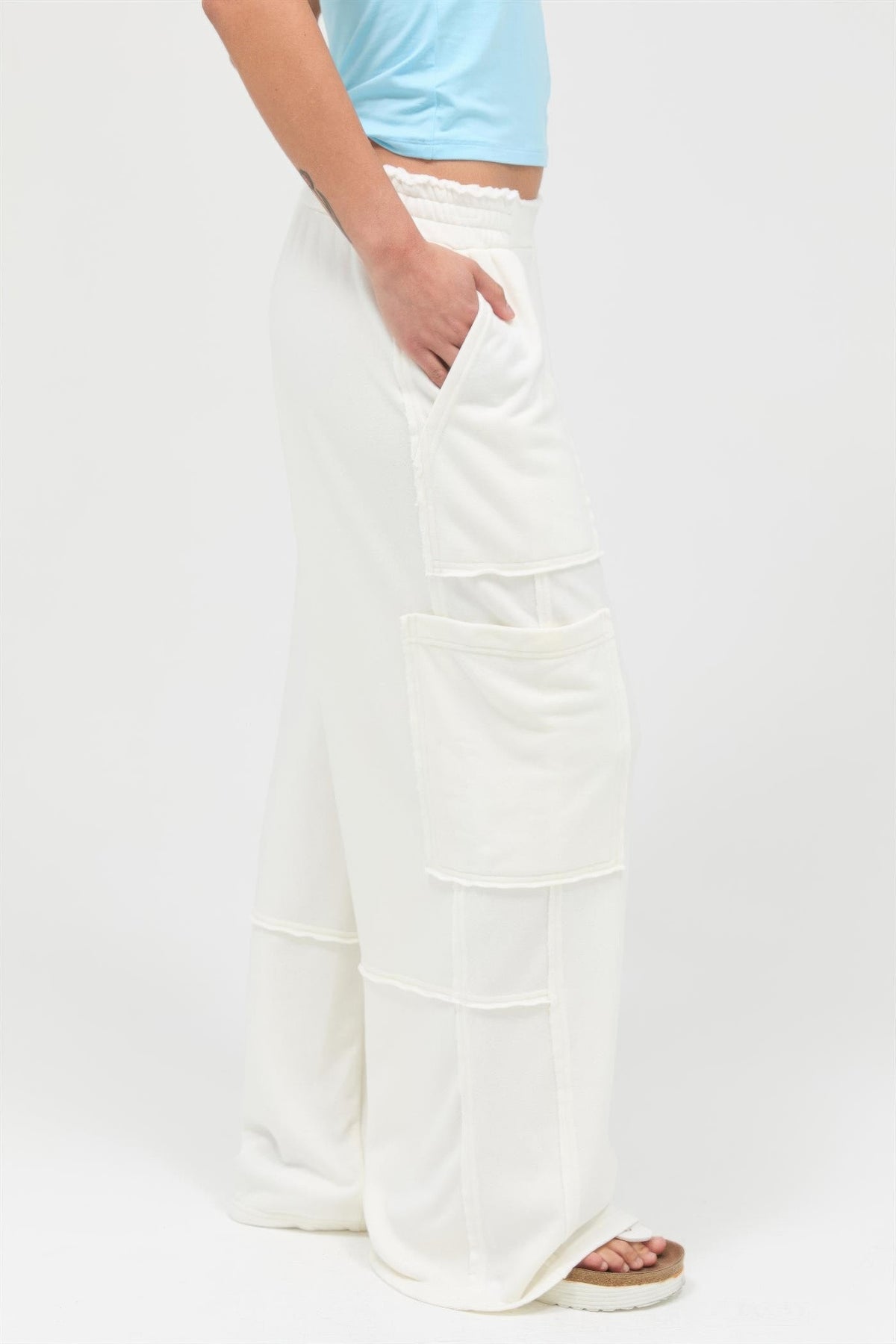 Mineral Wash Wide Leg Cargo Pants — Cream