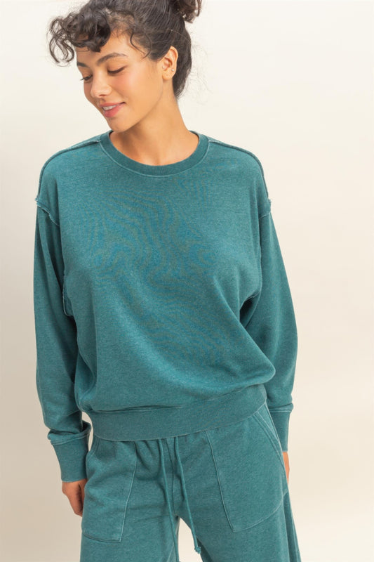 Raw Edge Detail Burnout Sweatshirt — Dark teal