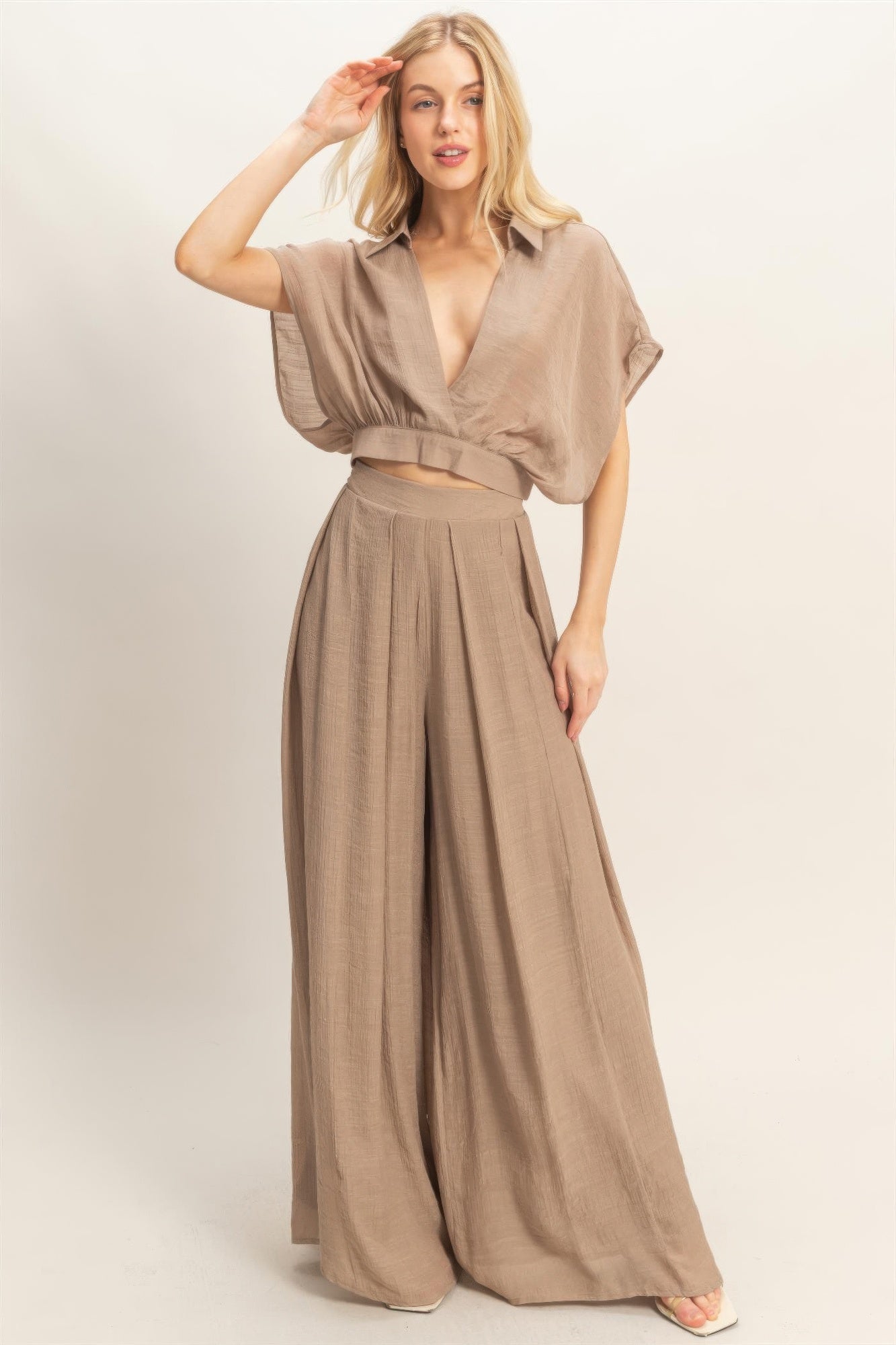 Collared Wrap Top & Wide-leg Pants Set — Light mocha
